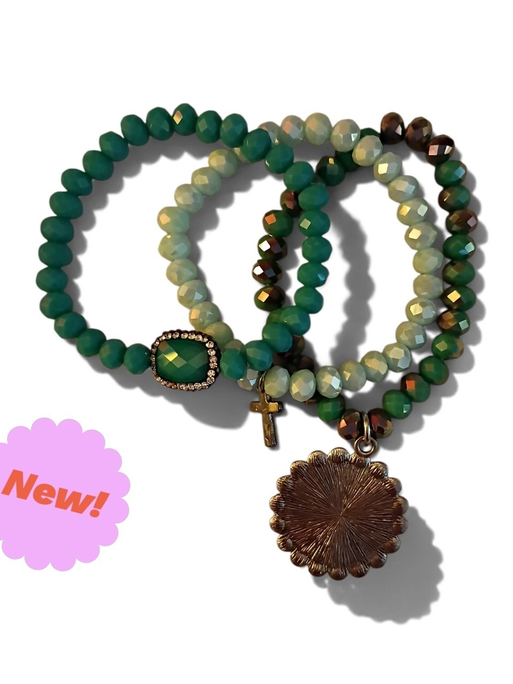 Green Beaded Charm Bracelet Set - Layered Stretch Bracelets
